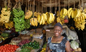 Dessert bananas on display at a fruit and vegetable market in Nairobi, Kenya.